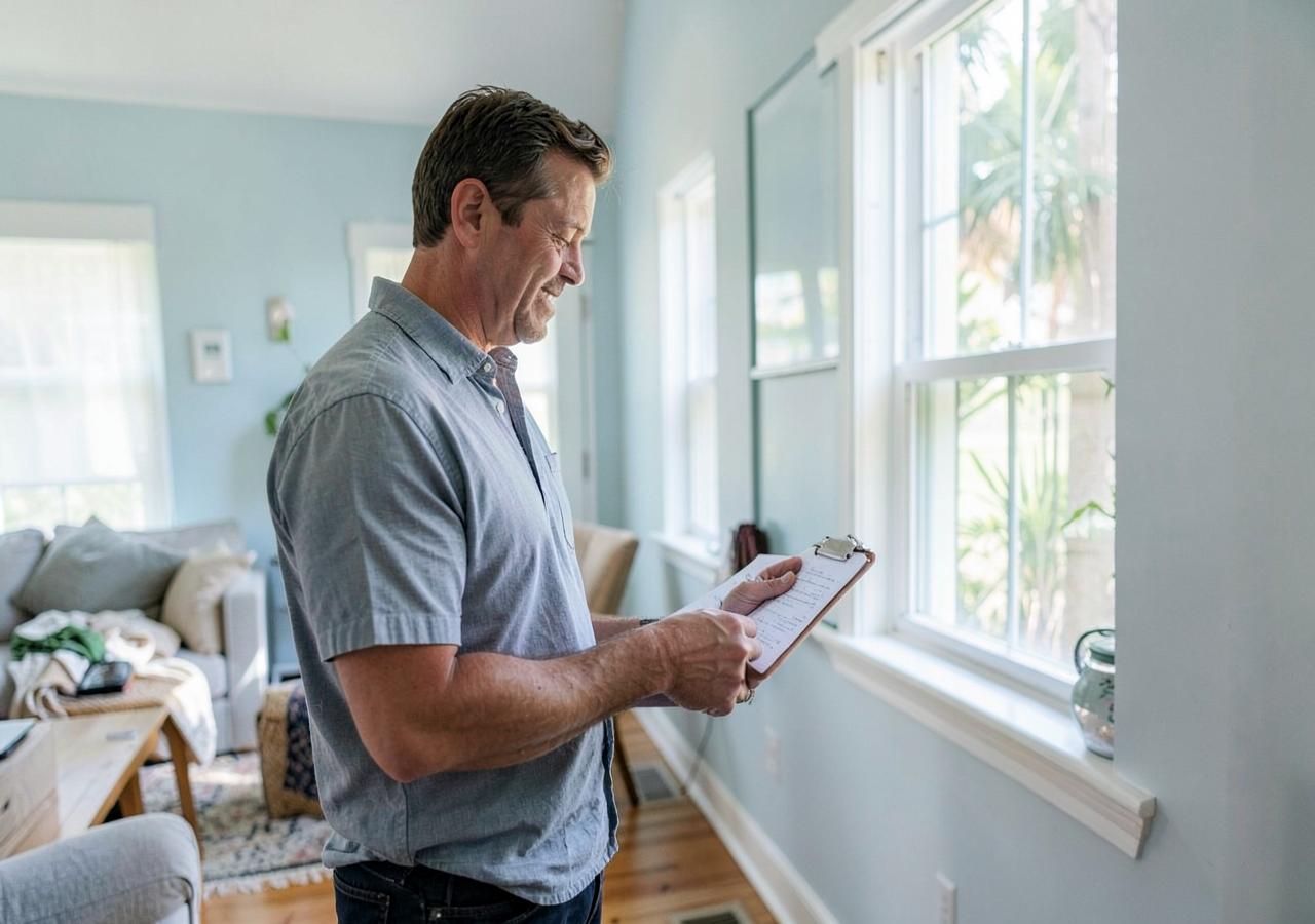 A property manager carefully inspecting a furnished home