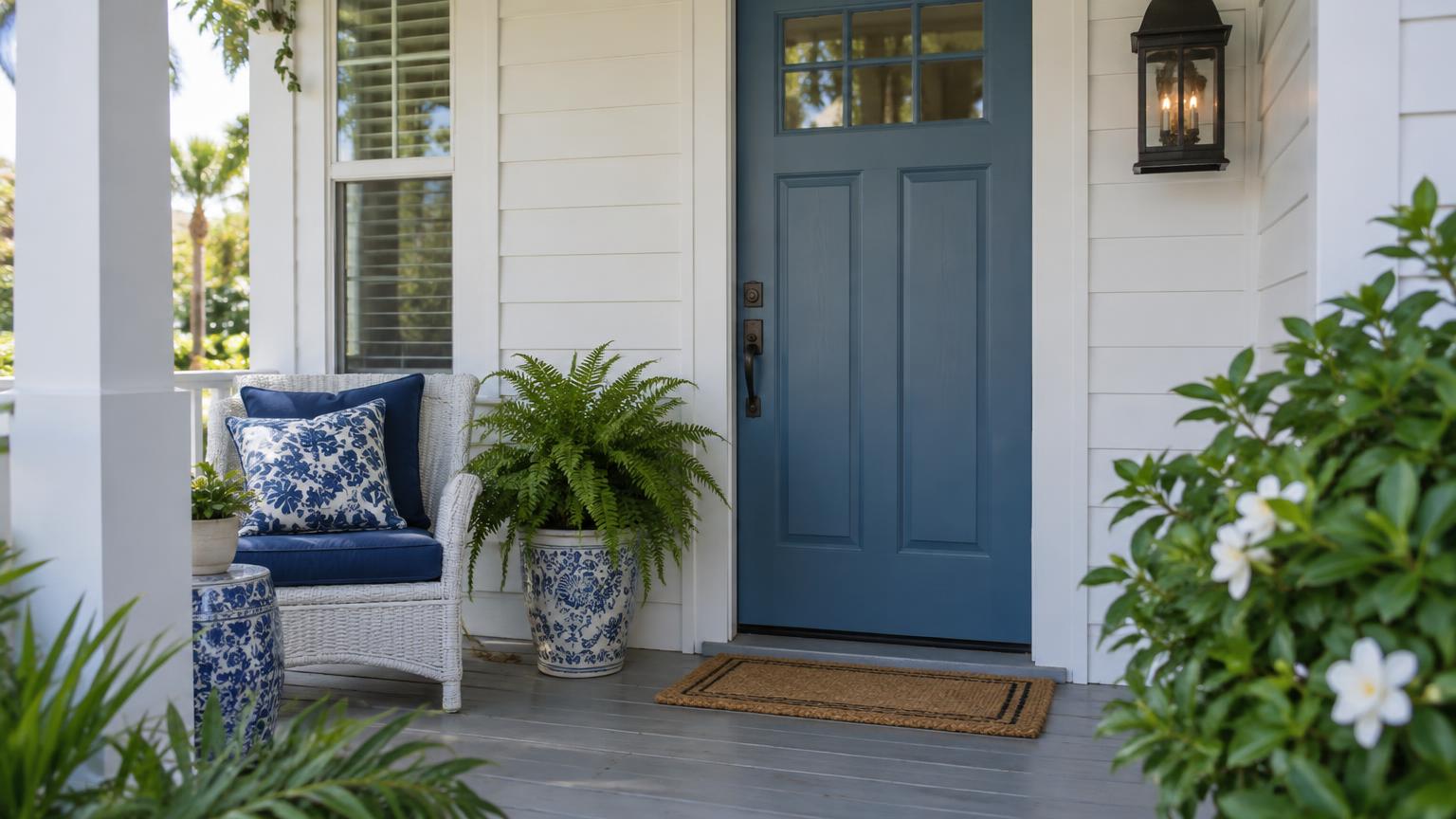 A shaded Florida porch has white siding, a blue front door, a cushioned chair and green plants.