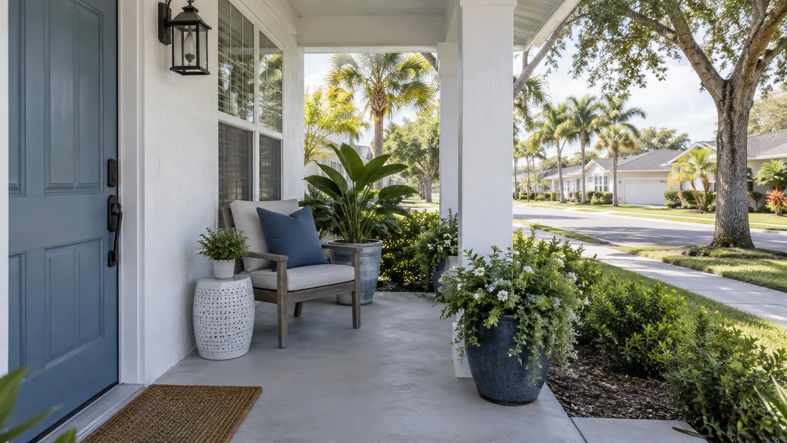 A white Florida home with a blue front door and potted plants overlooks a residential street in soft daylight.