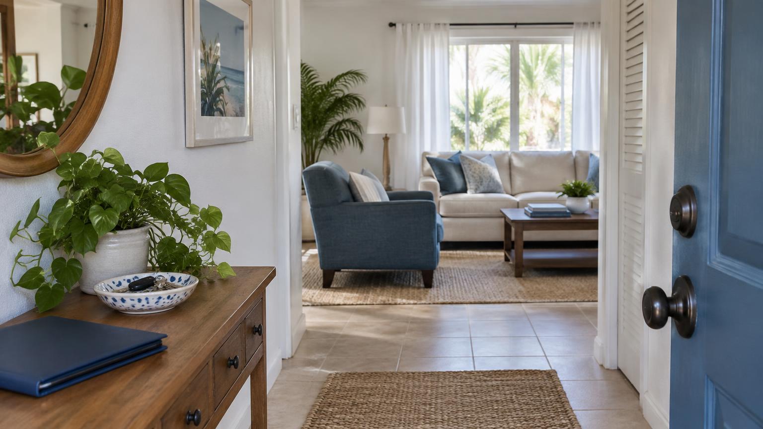 Soft daylight fills a Florida entryway with keys on a console and a blue chair beyond.
