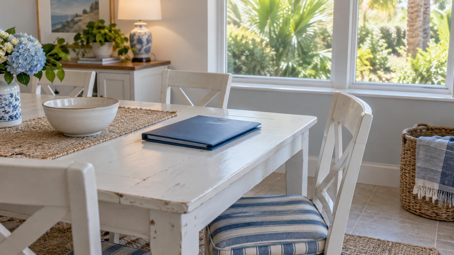 Soft daylight falls across a white dining table and blue accents in a lived-in Florida home.