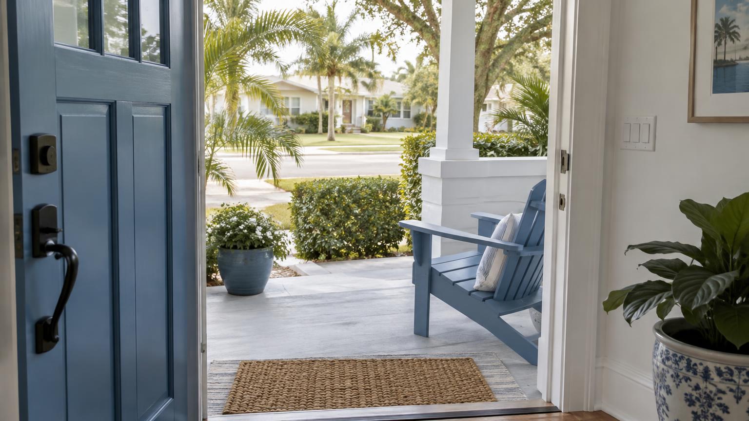 An open blue front door looks onto a white porch and a residential street in soft daylight.