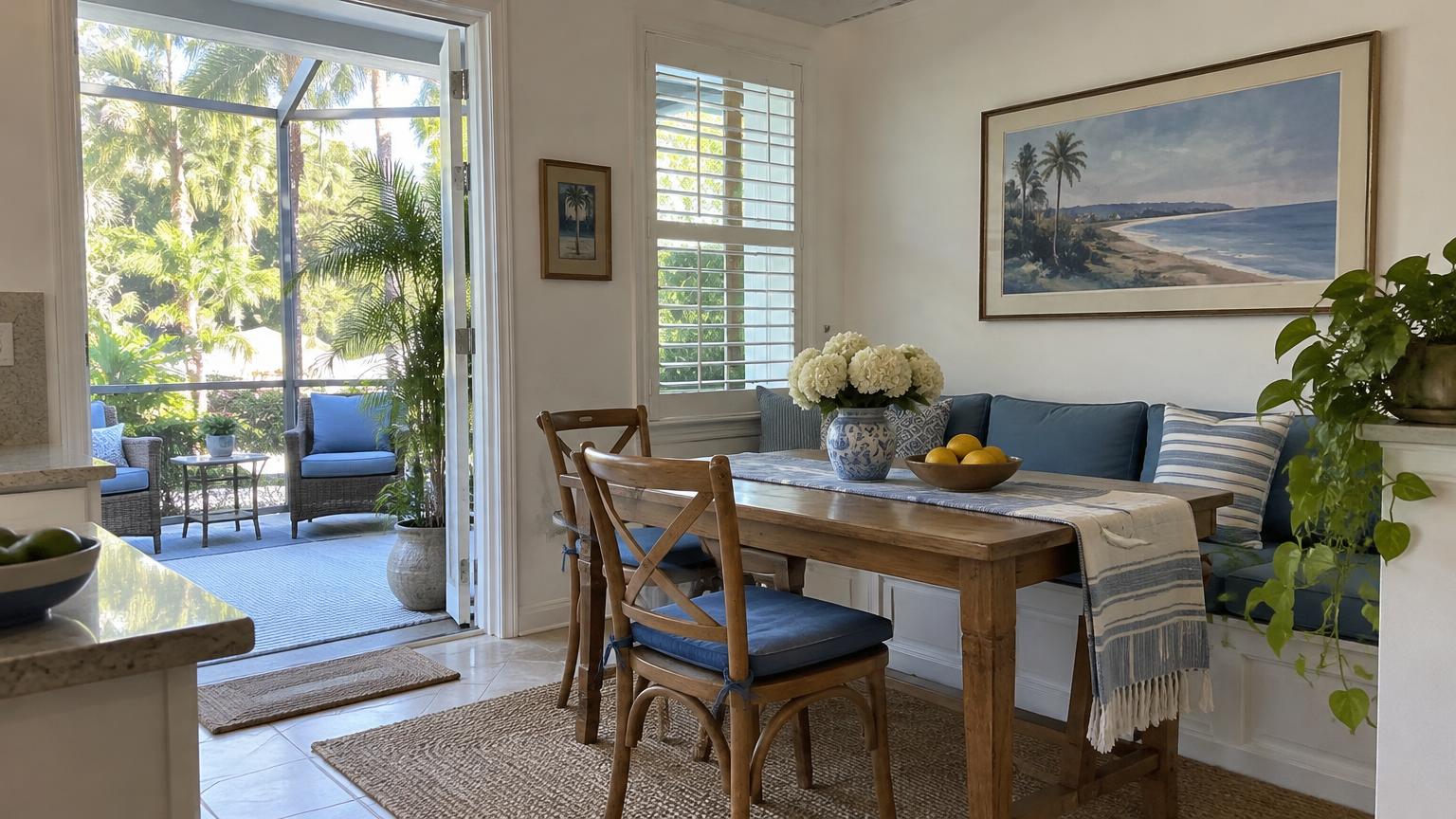 Soft daylight fills a Florida dining nook with white walls and blue cushions beside a screened porch.