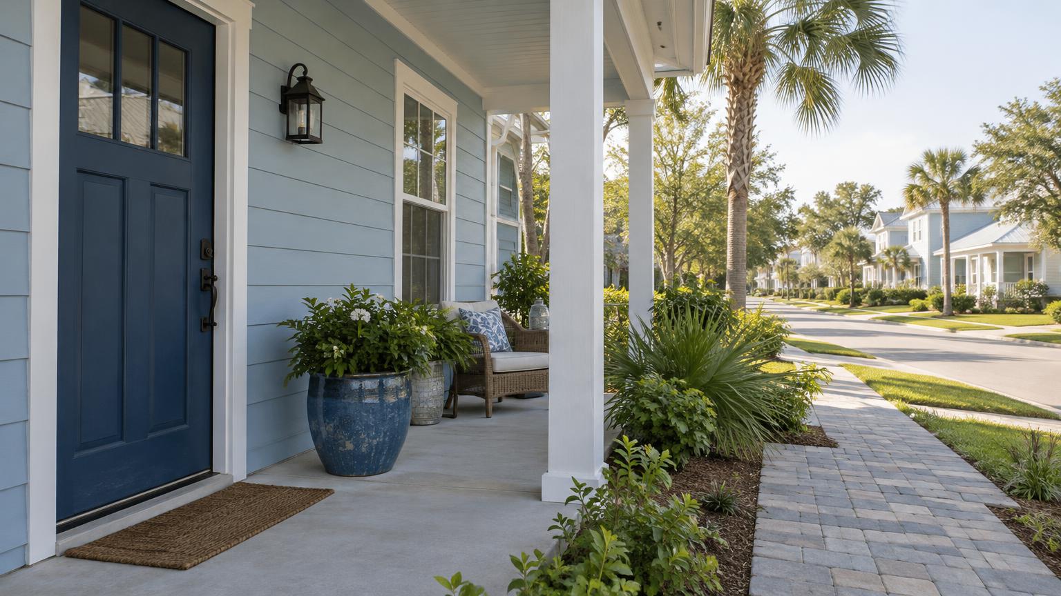 A pale blue Florida home with white trim and a shaded porch faces a quiet residential street.
