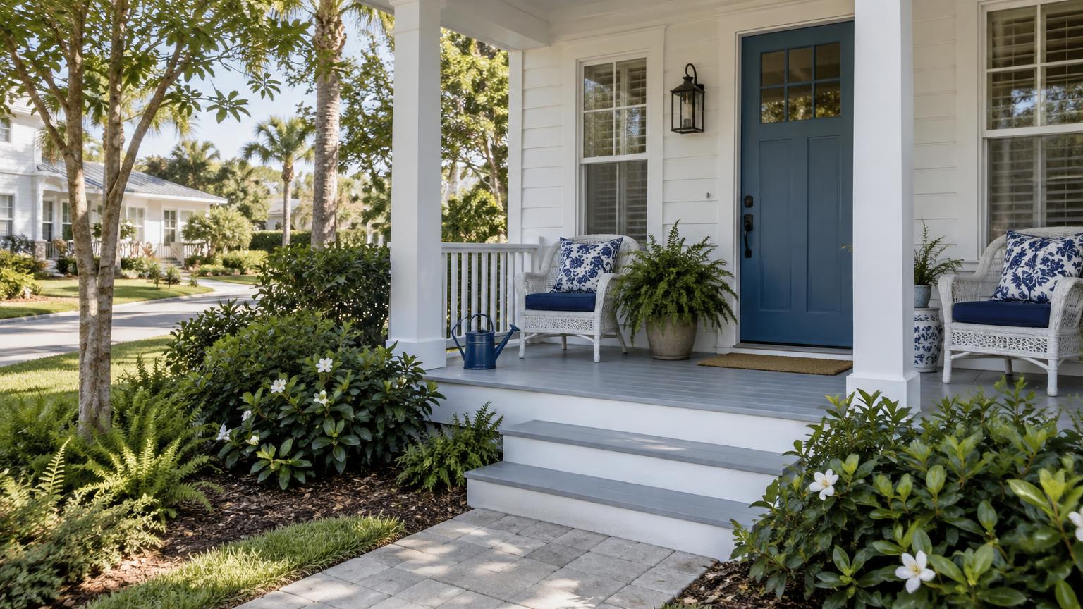 A white Florida home with a blue front door and porch chairs faces a residential street in soft daylight.