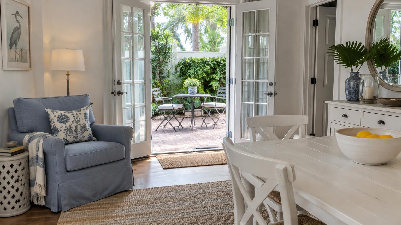 Soft daylight fills a blue-and-white Florida living room opening onto a leafy patio.