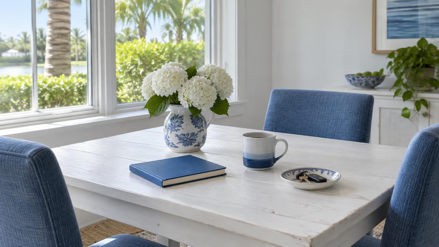 Soft daylight falls across a white dining table with a blue notebook, coffee cup and keys in a Florida home.
