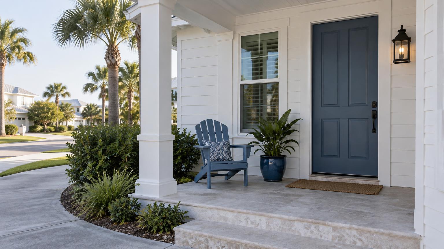 A blue front door and white porch face a quiet Florida residential street in soft daylight.