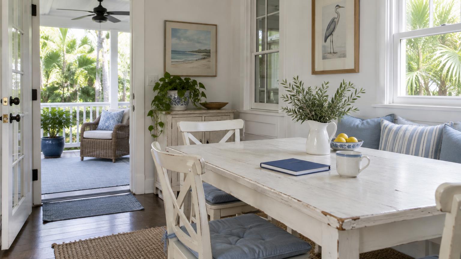 Soft daylight falls across a white dining table and blue cushions beside a Florida home's shaded porch.