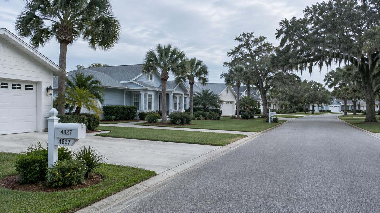 A quiet Florida suburban street with palm trees, live oaks, and blue-and-white single-family homes.