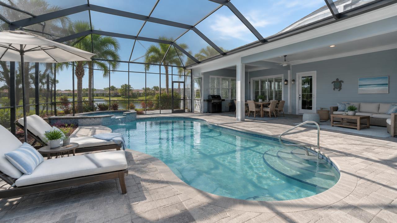 A screened-in pool at a Central Florida vacation rental home with blue water and lounge chairs.